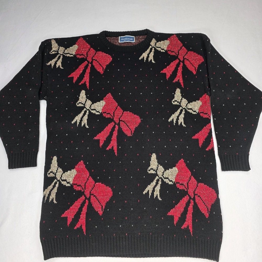 Vintage Jonathan Cass Bow Sweater Womens Black Red Polka Dot Knit Crewneck